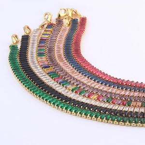 Rainbow tennis bracelet set with baguette-cut colored zircons and gold-plated finish