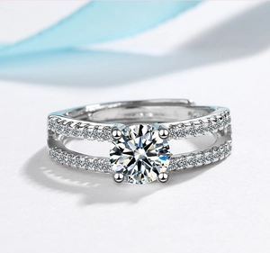 Close-up of a silver ring with a round center stone and double-row pavé setting accents