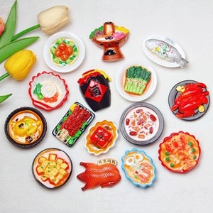 Flat lay of realistic Chinese cuisine fridge magnets with Beijing duck and spicy crawfish