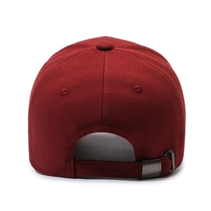Classic burgundy cotton baseball cap with adjustable metal buckle from a back view perspective