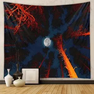Forest Moon Night Sky Tapestry Wall Hanging Polyester Fabric Magic Tree Decorative Backdrop For Bedroom Living Room Boho