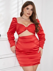 Elegant red satin dress featuring hollow waist, puff sleeves, and ruched back detail