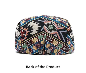 Back view of ethnic patterned beret featuring geometric woven fabric and metal buckle detail