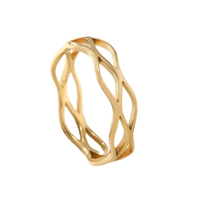 Minimalist gold-plated stainless steel ring with hollow wave geometric criss-cross design