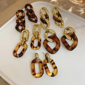 French vintage leopard print resin and gold metal hoop earrings set for women