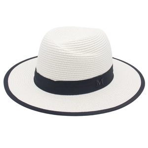 White woven fedora straw hat with black grosgrain ribbon and metal M letter logo detail