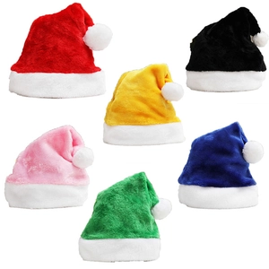 Collection of colorful plush Christmas hats with white trim and pompoms in six bright colors
