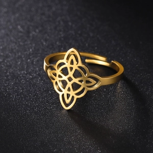 Adjustable gold stainless steel ring featuring a double-layered hollow witch knot design