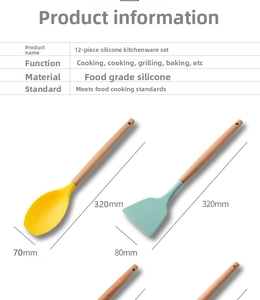 Detail view of 12-piece silicone kitchenware set with wood handles and size dimensions