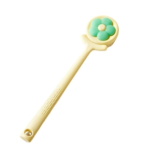 Flower shaped long handle bath brush in cream yellow for back scrubbing and body cleaning