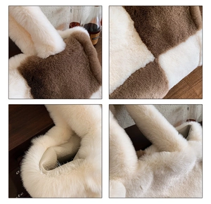Detail view of the plush faux fur texture and brown checkerboard pattern on the tote bag