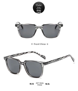 Front and 45-degree side view of rectangle grey wood grain texture sunglasses with dark lenses