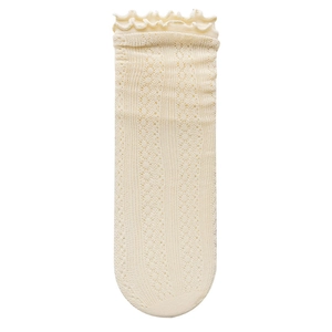 Breathable cream hollow-out knit long socks with elegant lace trim and ruffled cuffs