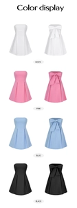 Color options of strapless A-line mini dresses featuring a large decorative bow on the back