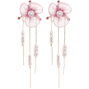 Pink chiffon flower earrings with long pearl tassels and crystal accents for women