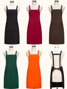 Multiple colors of commercial canvas aprons shown on mannequins in a grid layout