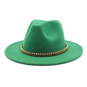 Close-up of green wool fedora with brown braided leather band and gold metal beads