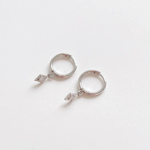 S925 sterling silver hoop earrings with minimalist rhombic zircon charms on white base