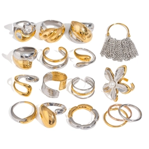 Modern two-tone 18k gold and silver stainless steel rings with zircon and pearl details