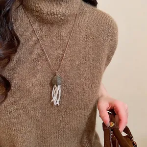 New Chinese style jellyfish tassel necklace with pearls and dark natural stone pendant