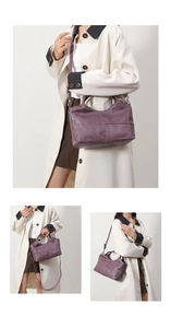 Three-way view of purple textured soft leather handbag styled with a trench coat