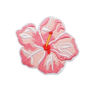Embroidered pink hibiscus flower patch with detailed needlework for clothing decoration