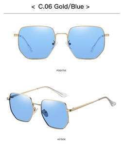 Detailed views of gold metal hexagonal sunglasses with blue lenses from two angles