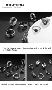 Detailed macro view of vintage silver metal ring set featuring spade and star motifs