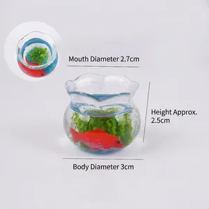 Macro view of miniature fish tank with red koi fish and dimensions for micro landscape