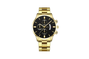 Detailed close-up of gold steel watch dial with three sub-dials and date window