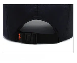 Close-up of navy baseball cap with adjustable buckle and ripstop grid texture