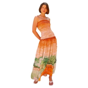 Women's summer tube top and pleated maxi skirt set with gradient landscape print