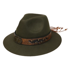 Close-up of olive green wide brim cowboy hat with leather band and metal bull head buckle