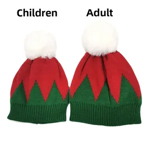 Bonnet en Tricot Parent Enfant de Noël Style Elfe Rouge Vert Avec Pompon en Fausse Fourrure Bonnet d'Hiver Chaud Pour Adultes Enfants