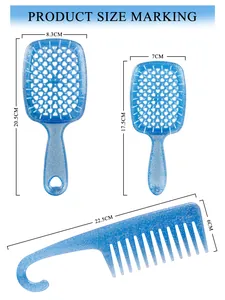 Gedetailleerde maattabel voor blauwe glitter haarkam set met drie styling massage borstels