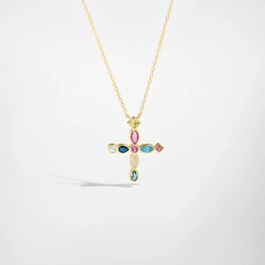 Elegant gold S925 silver necklace with a cross pendant featuring multicolor zircon stones
