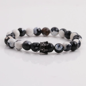 8mm black and white marble stone beaded bracelet with black metal crown for men