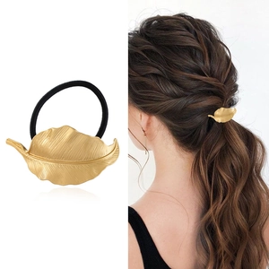 Metal Leaf Hair Tie Elastic Rope Ponytail Holder Alloy Foliage Textured Hair Accessories Versatile Elegant For Women