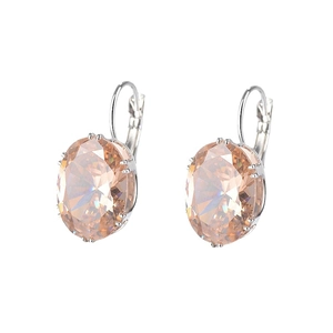 Elegant champagne oval gemstone leverback earrings with silver setting on white background