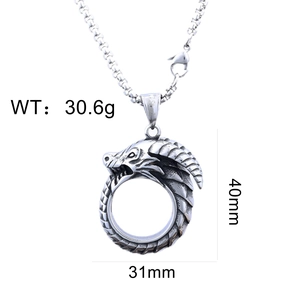 Detailed view of vintage dragon totem steel pendant with 40mm by 31mm size labels
