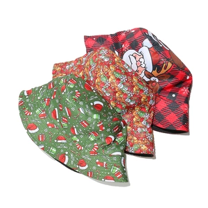 Three-piece Christmas bucket hat set with Santa, snowman and snowflake prints