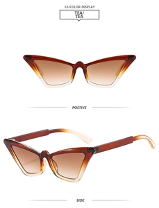 Detail view of cat eye sunglasses featuring tea gradient lenses and translucent frames