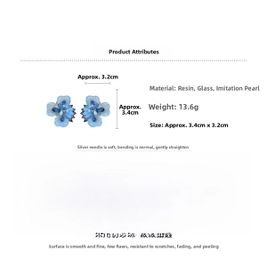 Detail view of flower stud earrings featuring blue crystals and faux pearl center