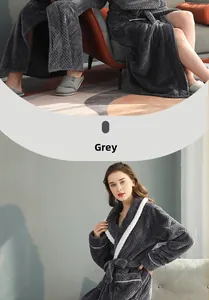 Detail of grey flannel robe showing honeycomb texture, white piping, and belt