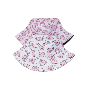 Pink and white summer bucket hats with cute cartoon pig print for sun protection