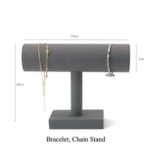 Gray velvet T-bar jewelry display stand for bracelets and necklaces, 19x16cm
