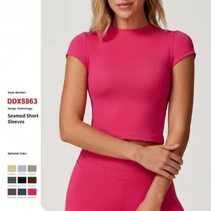 Women Brushed Nylon Spandex Yoga Top Slim Fit Short Sleeve Quick Dry Sports Fitness Workout Gym Athletic Pullover Top