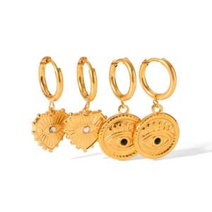 Gold stainless steel evil eye hoop earrings with heart and round zircon pendants