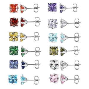 Square Cubic Zirconia Stud Earrings With Stainless Steel Earring Post Four Prong Colorful Simple Geometric Fashion Unisex