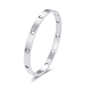 Sleek silver stainless steel bangle with cut-out star and moon motifs on white background